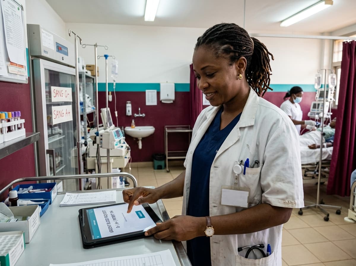 Médecin publiant une demande de sang sur tablette